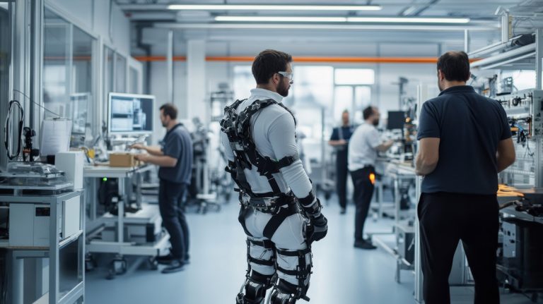 Industrial exoskeleton testing area, factory workers collaborati
