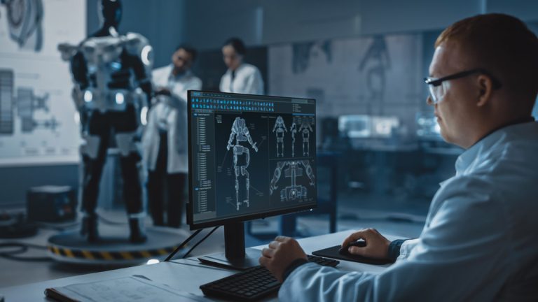 In,Robotics,Development,Laboratory:,Chief,Analyst,Uses,Computer,For,Designing
