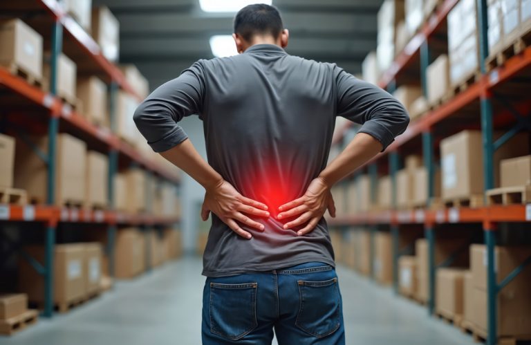 Rear view of man in warehouse suffering from back pain. Male worker holds lower back implying injury from hard manual work, heavy lifting, bad posture at work